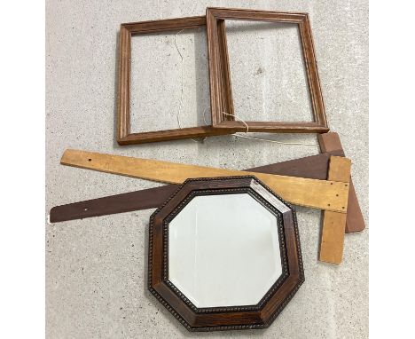 A collection of vintage wooden items to include an Art Deco oak framed octagonal shaped wall mirror with bevel edged glass. T