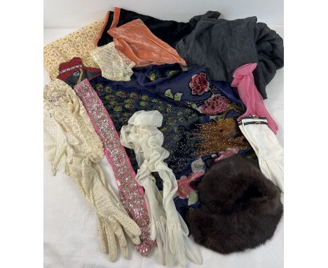 A small collection of ladies vintage scarves, gloves and collars. To include peacock design Devoree scarf, black silk full un