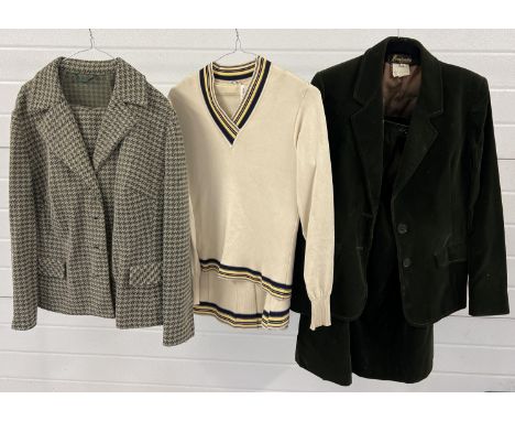 3 ladies vintage 2 pieces suits/outfits. A cream knitted pleated skirt and jumper by St. Michael (size 12), a dark green velv