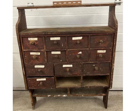 A vintage pine wall hanging set of drawers with under &amp; over shelves. 2 bottom drawers missing. Approx. 124cm tall x 97cm