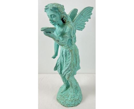 A vintage cast iron garden ornament modelled as a fairy drinking from a shell, painted green. Approx. 49cm tall. 