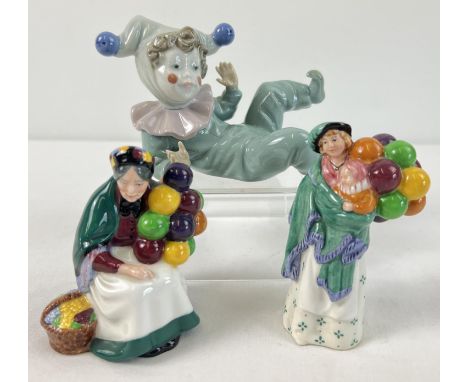 3 ceramic figurines by Royal Doulton and Nao. The Old Balloon Seller HN2129 &amp; The Balloon Seller HN2130 (approx. 10cm tal