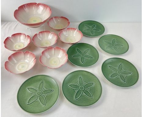 A vintage Branksome China pink lily pad dessert/fruit set. Comprising large serving bowl and 6 fruit bowls modelled as a pink