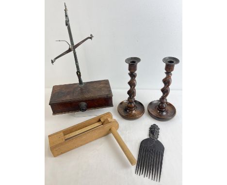 A collection of vintage wooden items to include a pair of barley twist candlesticks, antique Avery postal scales (a/f) and an