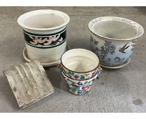 3 vintage ceramic planters together with a piece of white marble. To include a Chinese pot &amp; saucer with bird and flower 