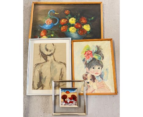 4 vintage framed pictures, to include a glazed nude ink sketch (approx. 51cm x 39cm) and a still life oil on board (approx. 4