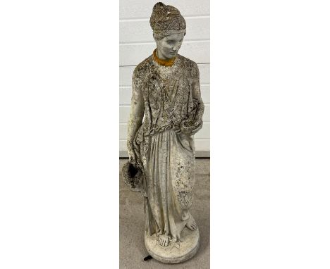 A vintage concrete garden fountain ornament of Hebe the cup bearer a/f. Head has been reattached. Complete with water tube fo