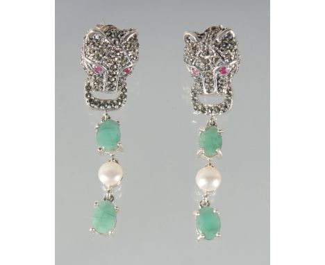 A PAIR OF SILVER EMERALD AND PEARL PANTHER DROP EARRINGS.