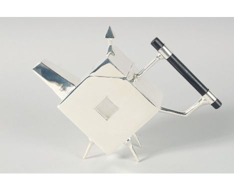 A CHRISTOPHER DRESSER DESIGN SILVER PLATED TEAPOT.