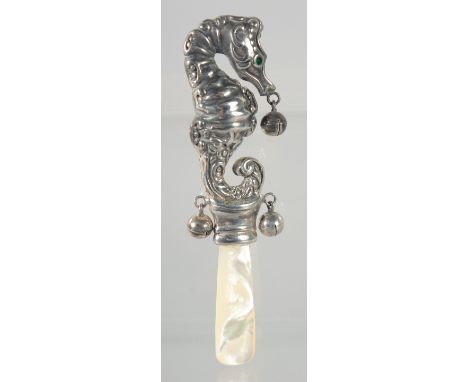 A NOVELTY SILVER SEAHORSE AND MOTHER OF PEARL RATTLE.