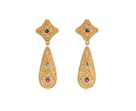 A PAIR OF REVIVAL STYLE MULTI GEM AND GOLD EARRINGS
Featuring a pair of revival style gold earrings accented with round ruby,