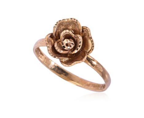 A GOLD ROSE RING Featuring a gold rose ring mounted in yellow gold marked '750' for 18K. US Size 8 2.6g Condition: For a cond