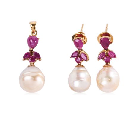 A MATCHING SET OF RUBY AND CULTURED PEARL JEWELLERY
Featuring cultured pearls mounted in unmarked yellow gold settings, accen