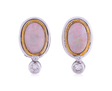 A PAIR OF OPAL AND DIAMOND EARRINGS
Featuring a pair of oval cabochons mounted in a two tone gold setting marked '750' for 18