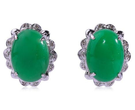 A PAIR OF JADE AND DIAMOND EARRINGS
Featuring a pair of jade cabochons mounted in a white gold setting marked '14K' '585', ac