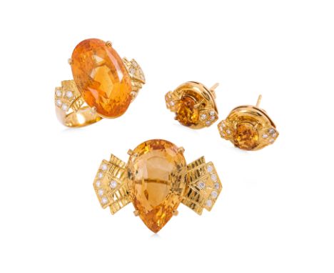 A MATCHING SUITE OF CITRINE, TOPAZ AND DIAMOND JEWELLERY
To include a citrine and diamond ring, a pair of topaz and diamond s