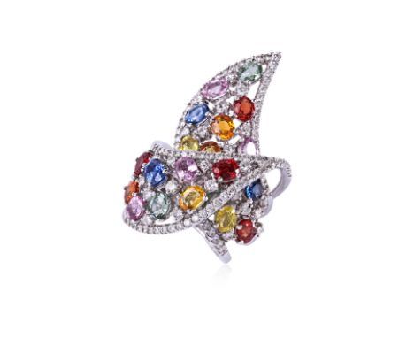 A LARGE MULTI-COLOUR SAPPHIRE AND DIAMOND RING Featuring multi-colour sapphires totalling approximately 8.00 Cts, mounted in 