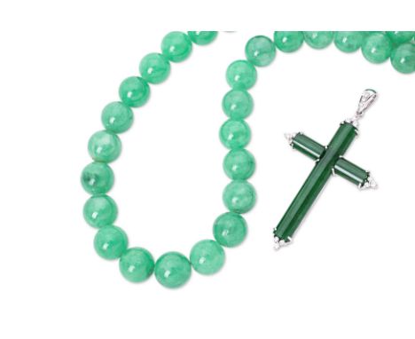 A GROUP OF JADE JEWELLERY
To include a jade bead necklace with beads measuring approximately 8.0 - 8.5mm, attached to a white