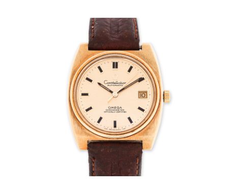 AN OMEGA GOLD CONSTELLATION AUTOMATIC WATCH
Ref. 166.056, Circa 1970s
18k gold case, with brushed finish, automatic chronomet