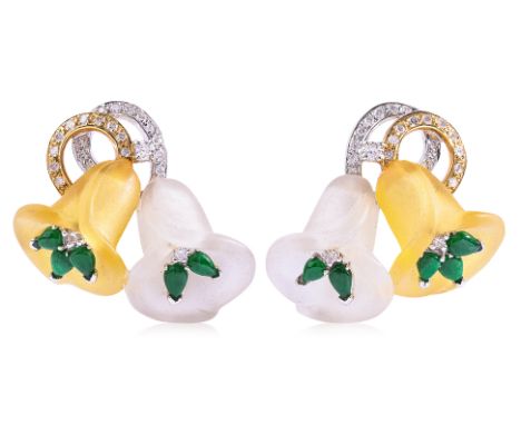 A PAIR OF JADE, GLASS AND DIAMOND 'CALLA LILY' STUD EARRINGS
Featuring jade pieces mounted in a two tone gold setting marked 