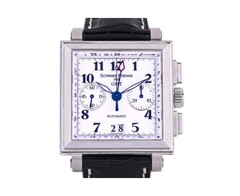 A SCHWARZ ETIENNE STAINLESS STEEL AUTOMATIC WATCH Ref. 1048301, No.32 GMT automatic chronograph, square stainless steel case,