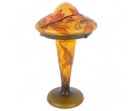 A large reproduction Galle style Art Nouveau cameo glass table lamp, with shaped shade and tapered body, dragonfly decoration