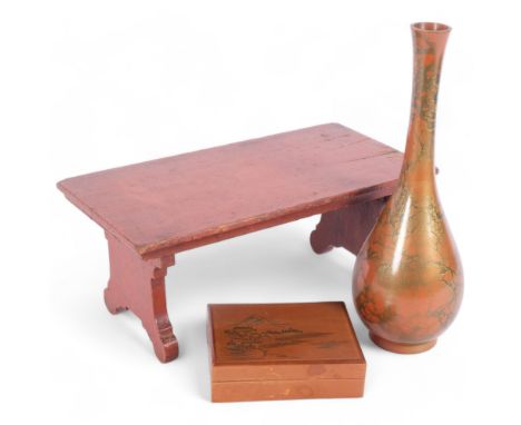 A Japanese Murashido bronze long-necked vase, with mottled patination, H25cm, a Japanese folding stand, and a small lacquered