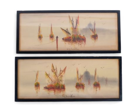 K D Thornton, pair of watercolours, study of sailing boats, 39cm x 16.5cm overall, framed 