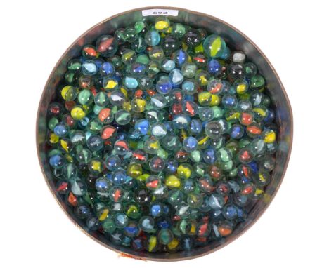 A tin of Vintage glass marbles 