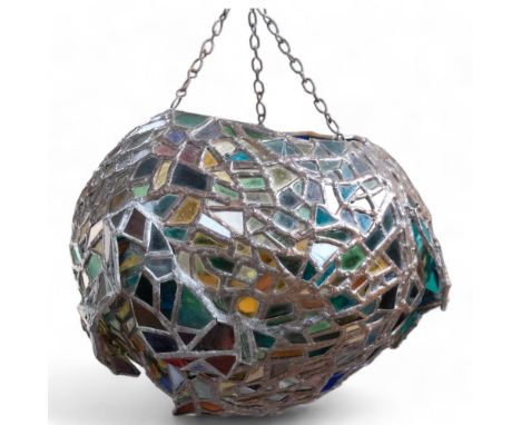 A Vintage lead and multicolour stained glass hanging lamp shade, drop approx 40cm 