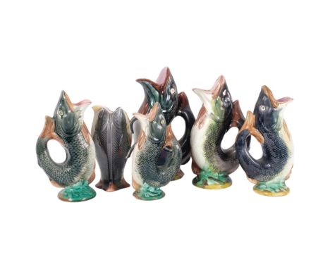 6 Vintage Continental Majolica gurgle fish jugs, tallest 28cm, some chips and repairs 