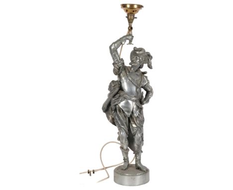 A silvered spelter Cavalier figure table lamp, on plinth, height overall 72.5cmVisually in good condition. Will need rewiring