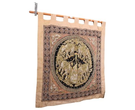 A large Burmese Kalaga tapestry, with padded sequin and elephant decoration, approx 126cm x 108cm 