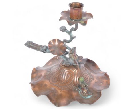 An Art Nouveau copper chamber stick, with applied frog characters and engraved decoration, and bound twig handle, H18cm 