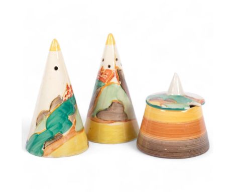 Clarice Cliff Secrets pattern 3-piece cruet set, height 8cm 
