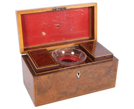A 19th century burr-walnut and satinwood banded tea caddy, with 2 fitted inner caddies and mixing bowl, W30cm 