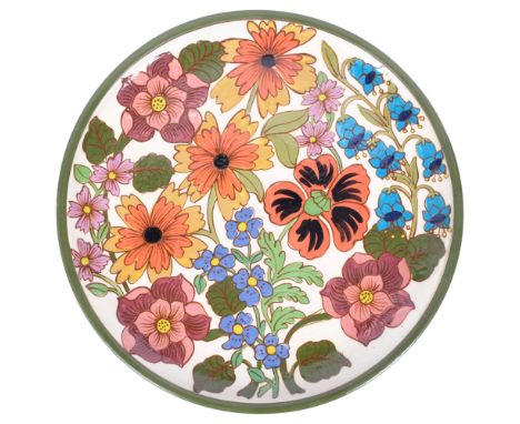 Wendy Mason, a large Art pottery terracotta charger, enamel decoration, diameter 39cm, impressed mark to the base dated 1987 