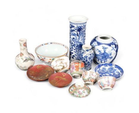 A group of Oriental items, including a blue and white sleeve vase, dragon decoration and 4 character mark, H21cm, a crackle g