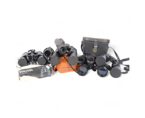 A quantity of Vintage binoculars, including a pair of Grosvenor 12x50, Jessop 10x50 Japanese field binoculars, Miranda 10x50 