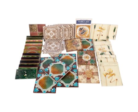 A set of 5 Victorian tiles with floral designs, 15cm, 7 Edwardian brown and white floral tiles, fireplace tiles, etc 
