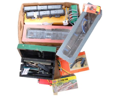 2 similar custom-built wooden goods wagons and carriages, in custom-built wooden storage boxes, and a selection of Hornby rai