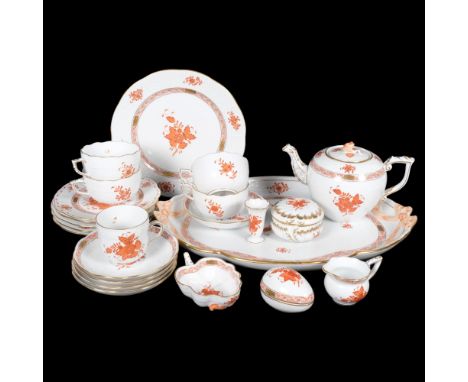 Vintage Herend porcelain tea set for 4 people, on matching tray, matching trinket boxes, miniature vase, etc, all with floral