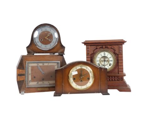 Antique 2-train mantel clock in carved wood case, with brass and enamel dial, H33cm, a Smiths clock, and 2 others 
