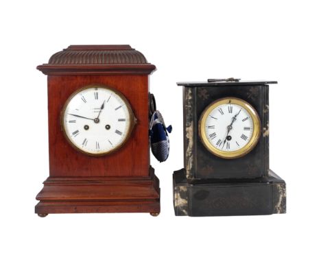 A mahogany-cased 2-train mantel clock, by Benson of London, H35cm, and a slate-cased mantel clock 