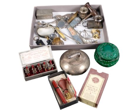 A tray of assorted items, including corkscrew, a plated curling stone paperweight, penknife, magnifying glasses, etc 