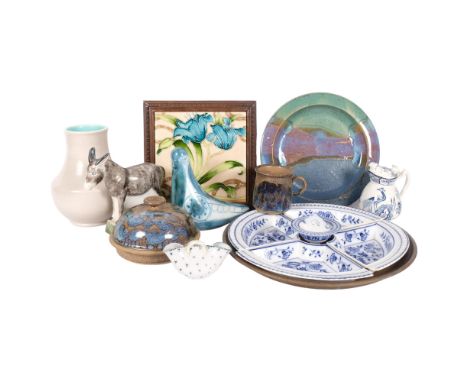 Rye Pottery bird, basket and donkey, H18cm, hors d'oeuvres set, a pot stand with Vintage tube-lined tile, Diana Worthy Critch