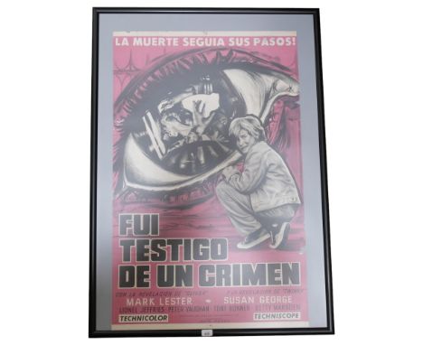 A framed Vintage film poster "Fui Testigo De Un Crimen", starring Mark Lester, framed, 86cm across overall 