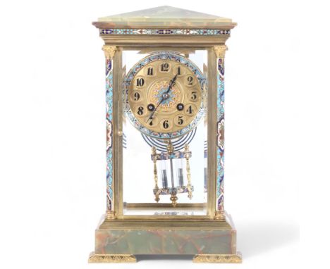A French 4 bevelled-glass mantel clock, onyx-mounted with champleve decorated columns and bracket feet, 8-day striking moveme