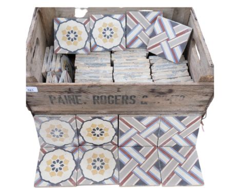 2 pine boxes containing a large quantity of Vintage painted floor tiles, in 2 patterns, 12.5cm across 