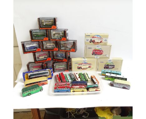 A quantity of diecast models, all bus related in nature, various brands such as Corgi, Exclusive First Editions, etc, both bo